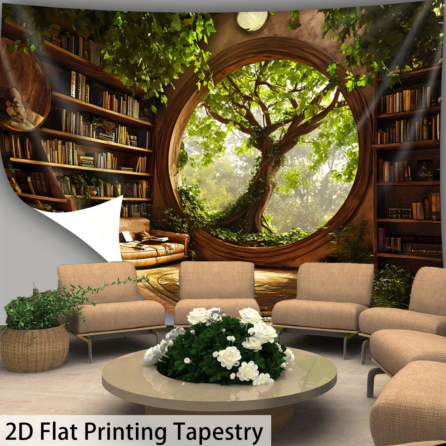 1pc Extra Large Serene Tree Library Landscape Tapestry - HD Digital Print, Polye gallery