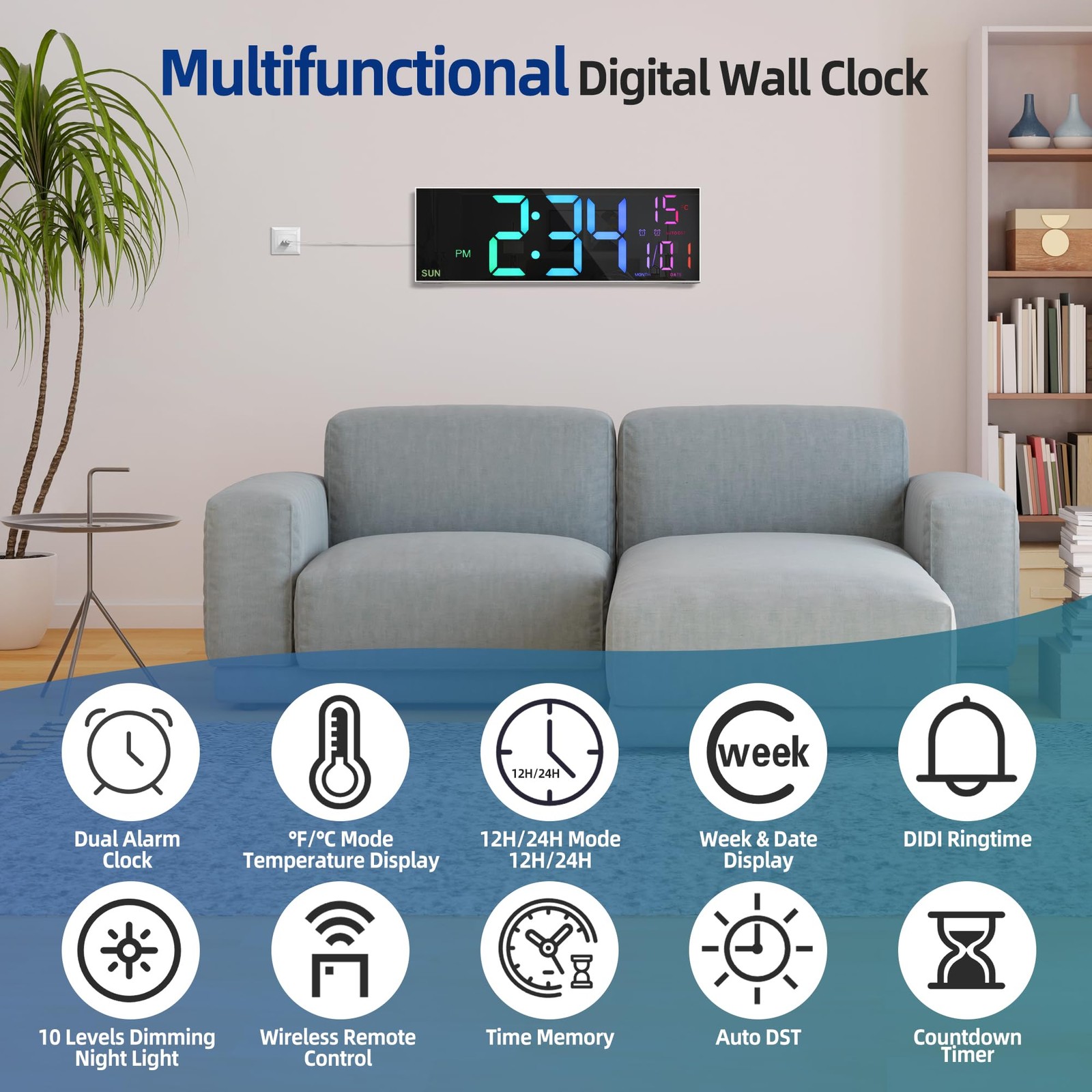 16.2'' Large Digital Wall Clock with Remote Control, Big LED/Dual Alarm/8 RGB... gallery