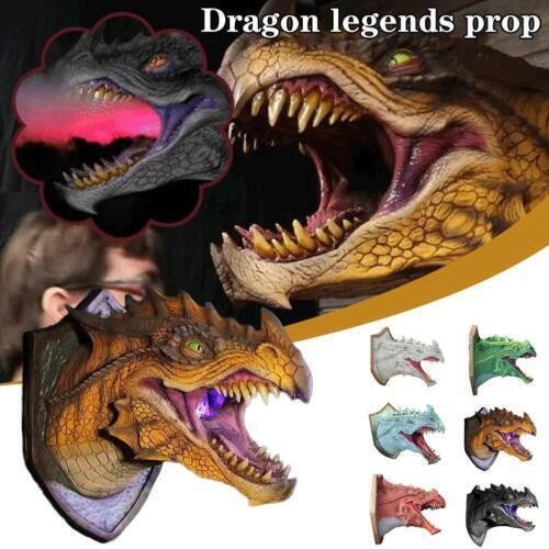 3D Dragon Head Wall Mounted Sculpture LED Smoke Dinosaur Home Decor Statue Art/ gallery