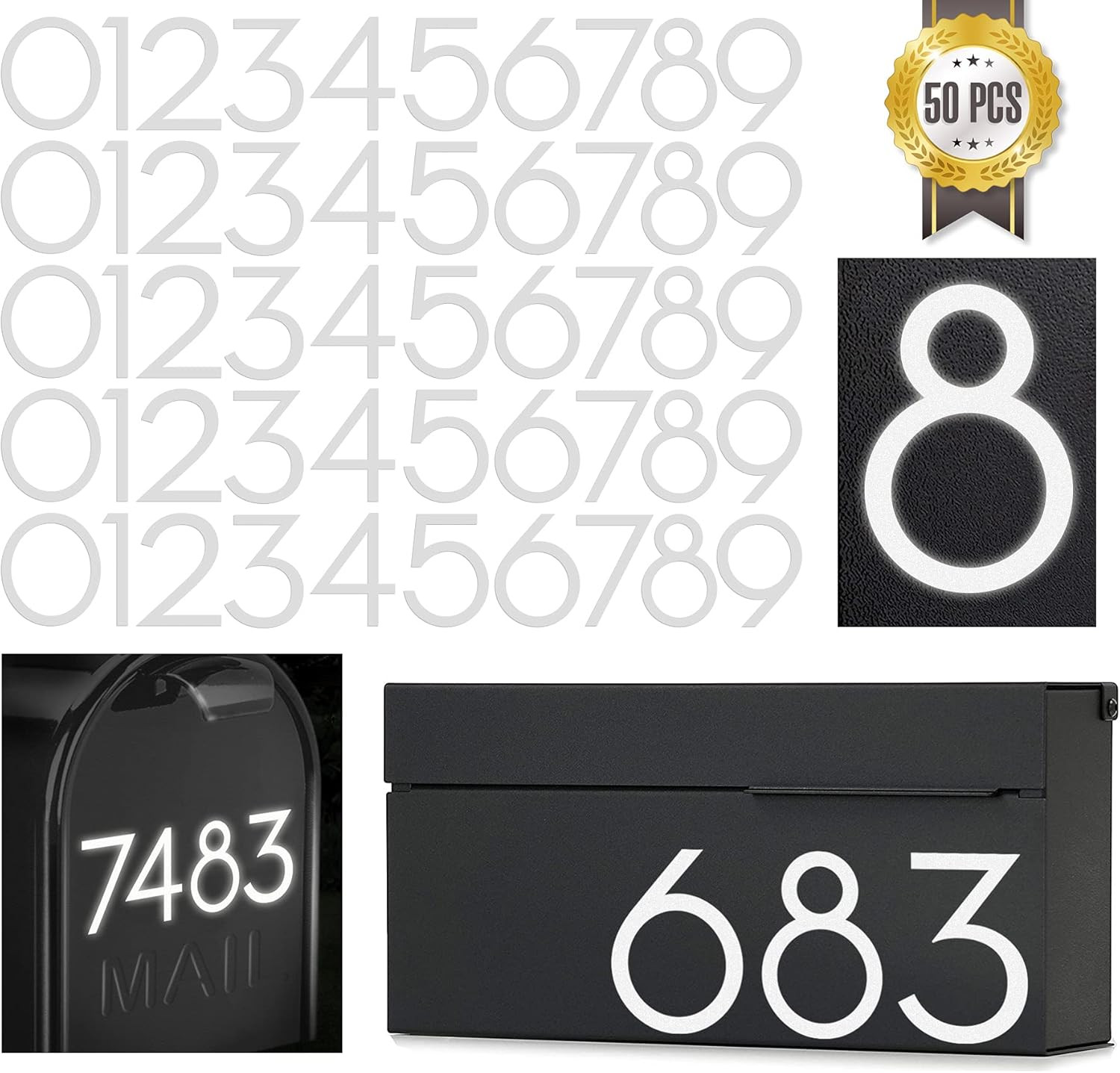 4 inch Reflective Mailbox Numbers Sticker (0-9, 5 Sets) Modern Number Vinyl W... gallery