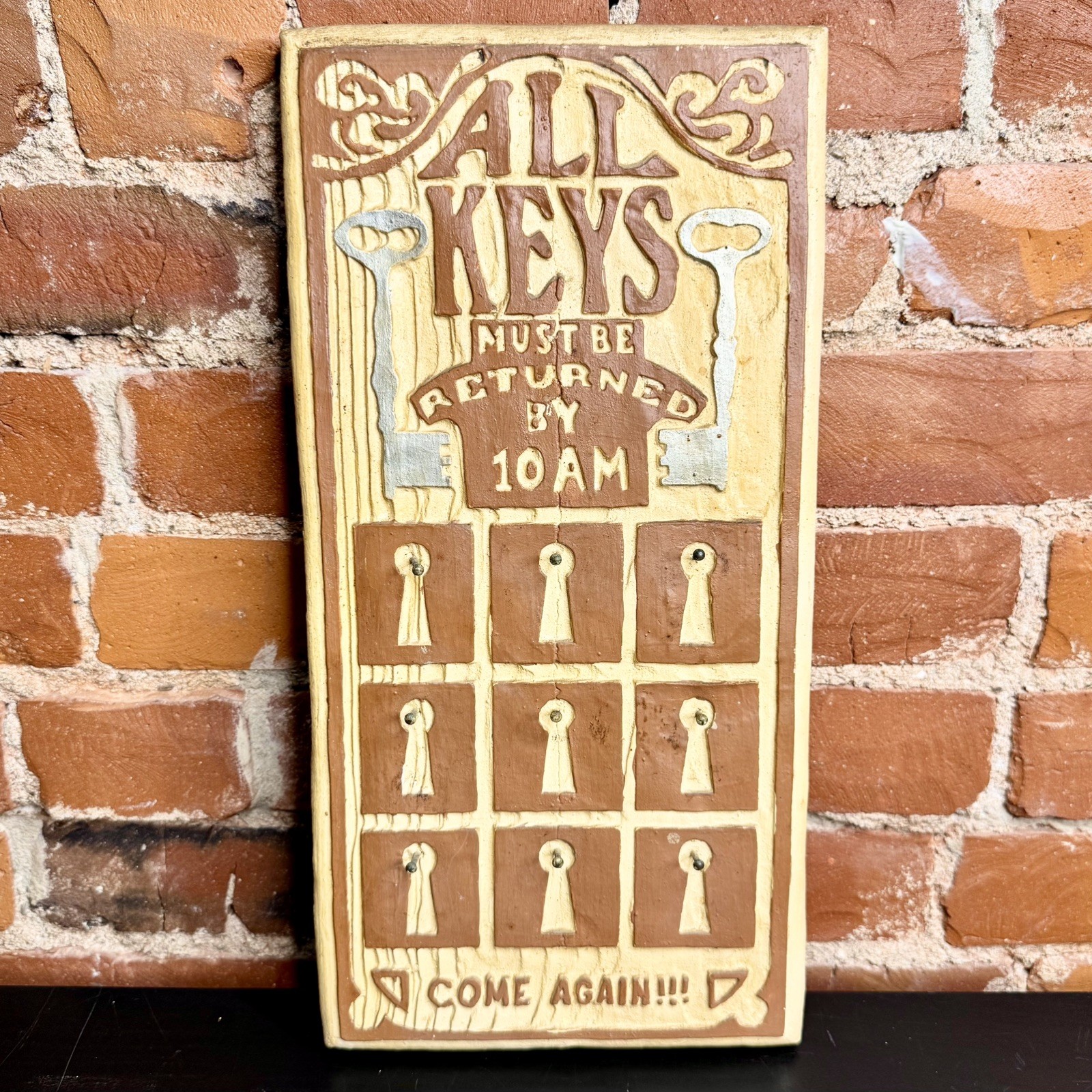 Vintage Rustic Key Hook Holder Wall Rack "All Keys Must Be Returned By 10AM" gallery