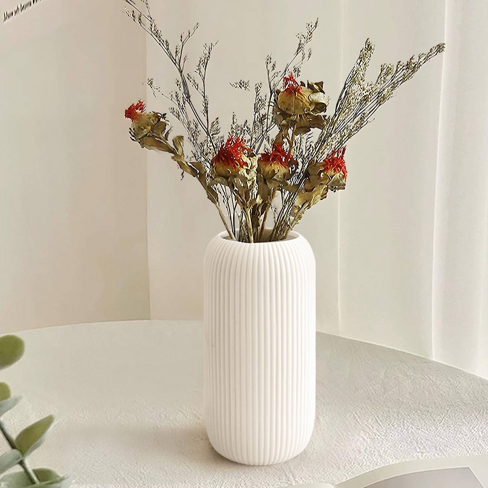 Ceramic Ribbed Flower Vase Modern Small White – 8" Tall Home Decor gallery
