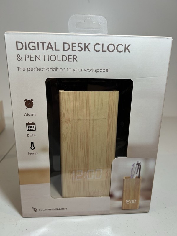 TechRebellion Bamboo Digital Desk Clock & Pen Holder Alarm Date Temp LED New gallery