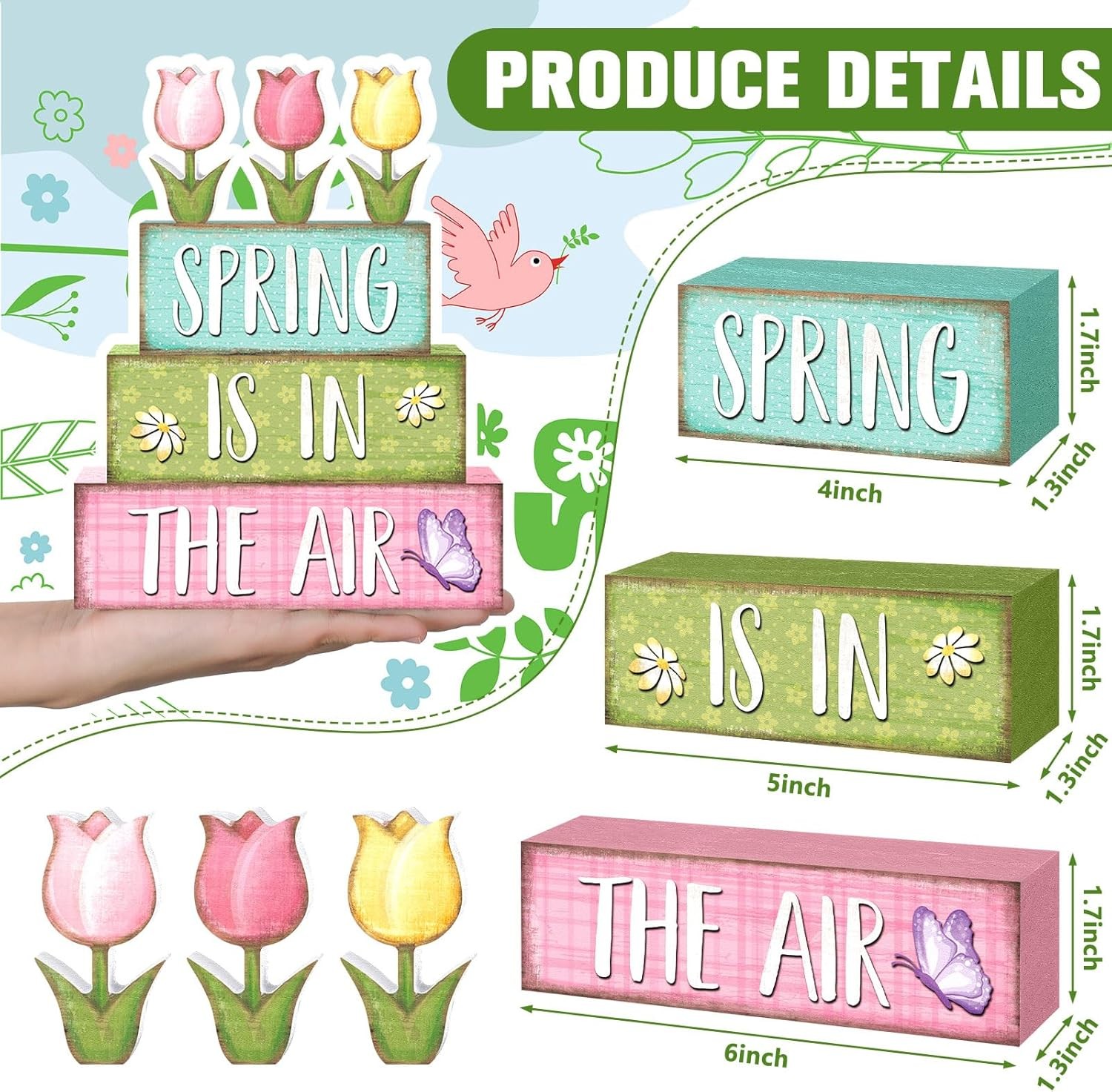 Marsui 4 Pcs Spring Table Decorations Tulip Flower Wooden Block Signs Pastel Tul gallery