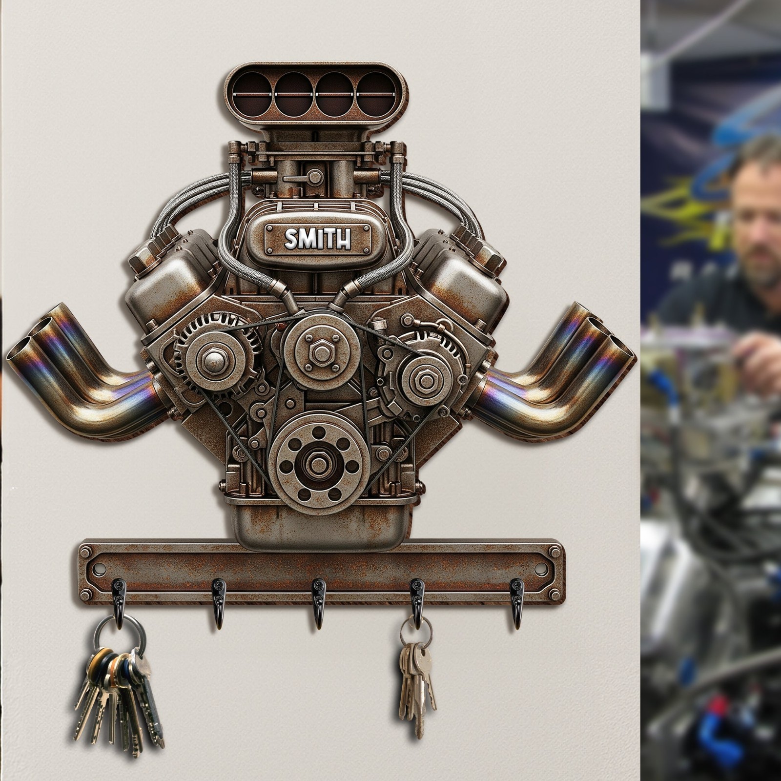Drag Racing Engine Key Hanger - Personalized Gift For Biker, Fathers Day gallery