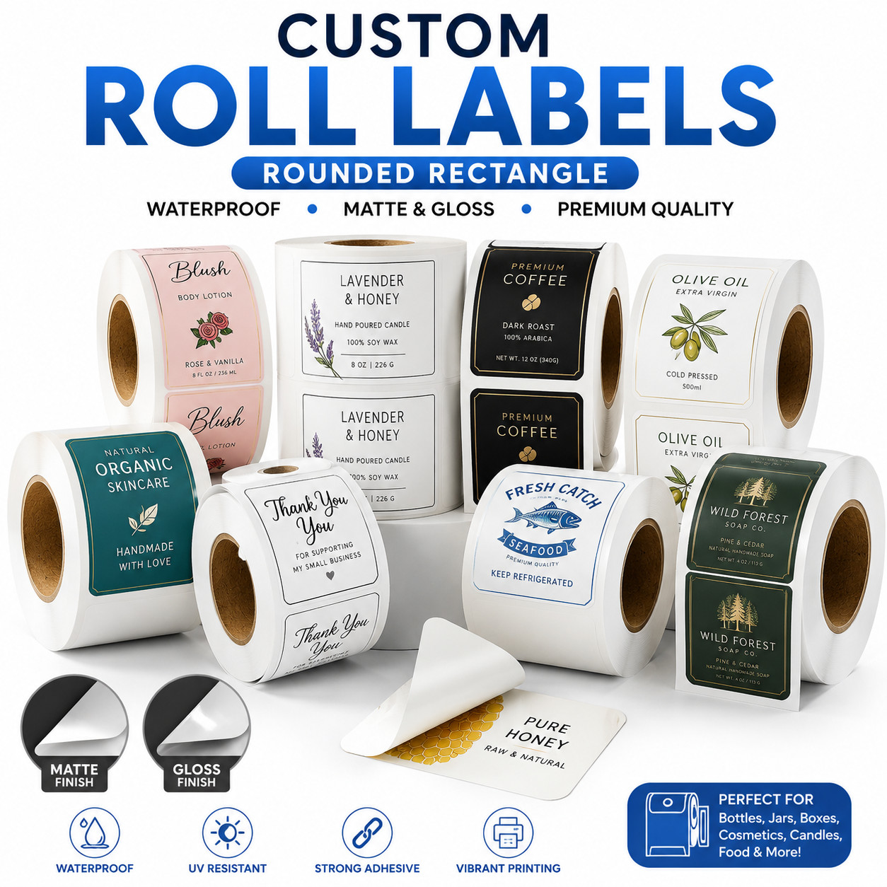 Personalized Roll Labels Rounded Rectangle Stickers for Business Packaging, 250 gallery