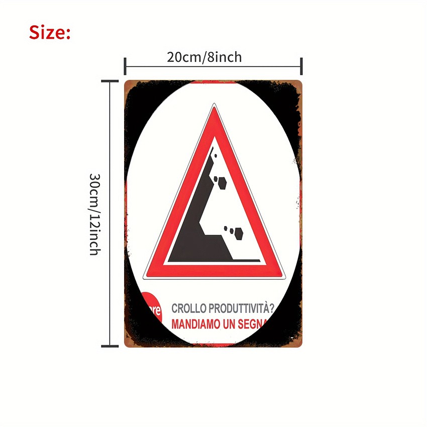 Retro triangular rockfall hazard metal sign with red border for outdoor wall art gallery