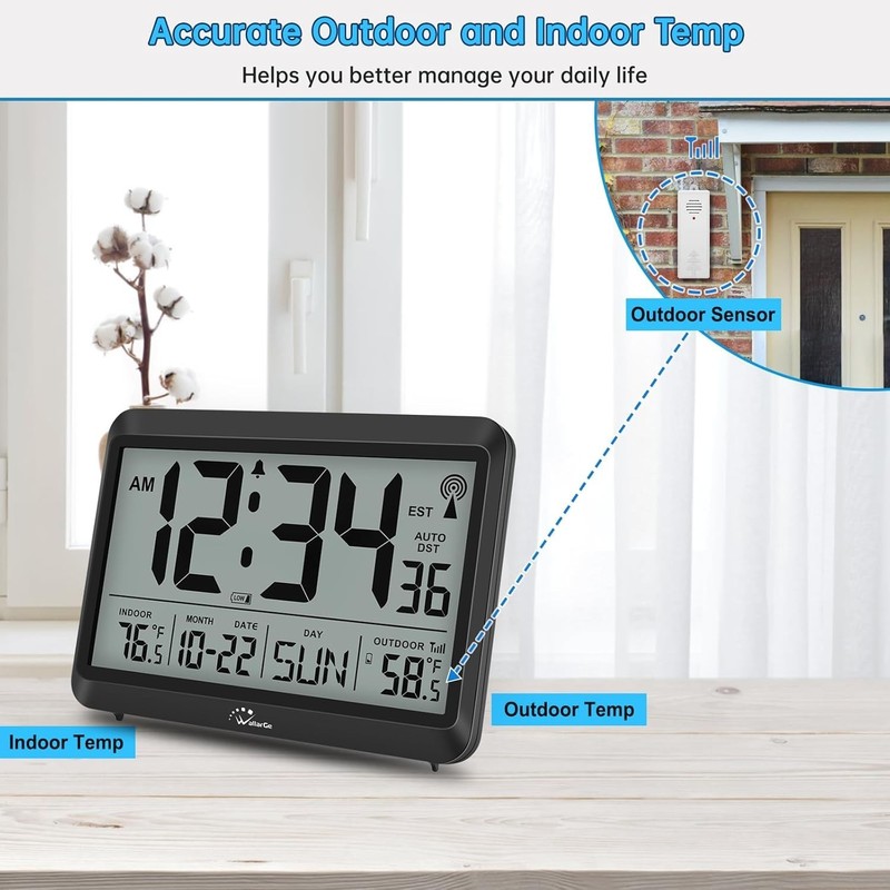 Digital Wall Clock with Self-Setting Time & Indoor/Outdoor Temperature, Auto DST gallery