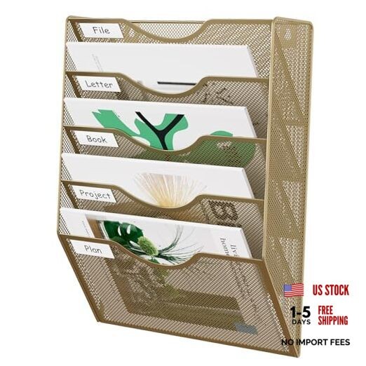 Wall File Organizer Hanging Paper Folder Holder, Zero Assembly 5 Tier Gold gallery