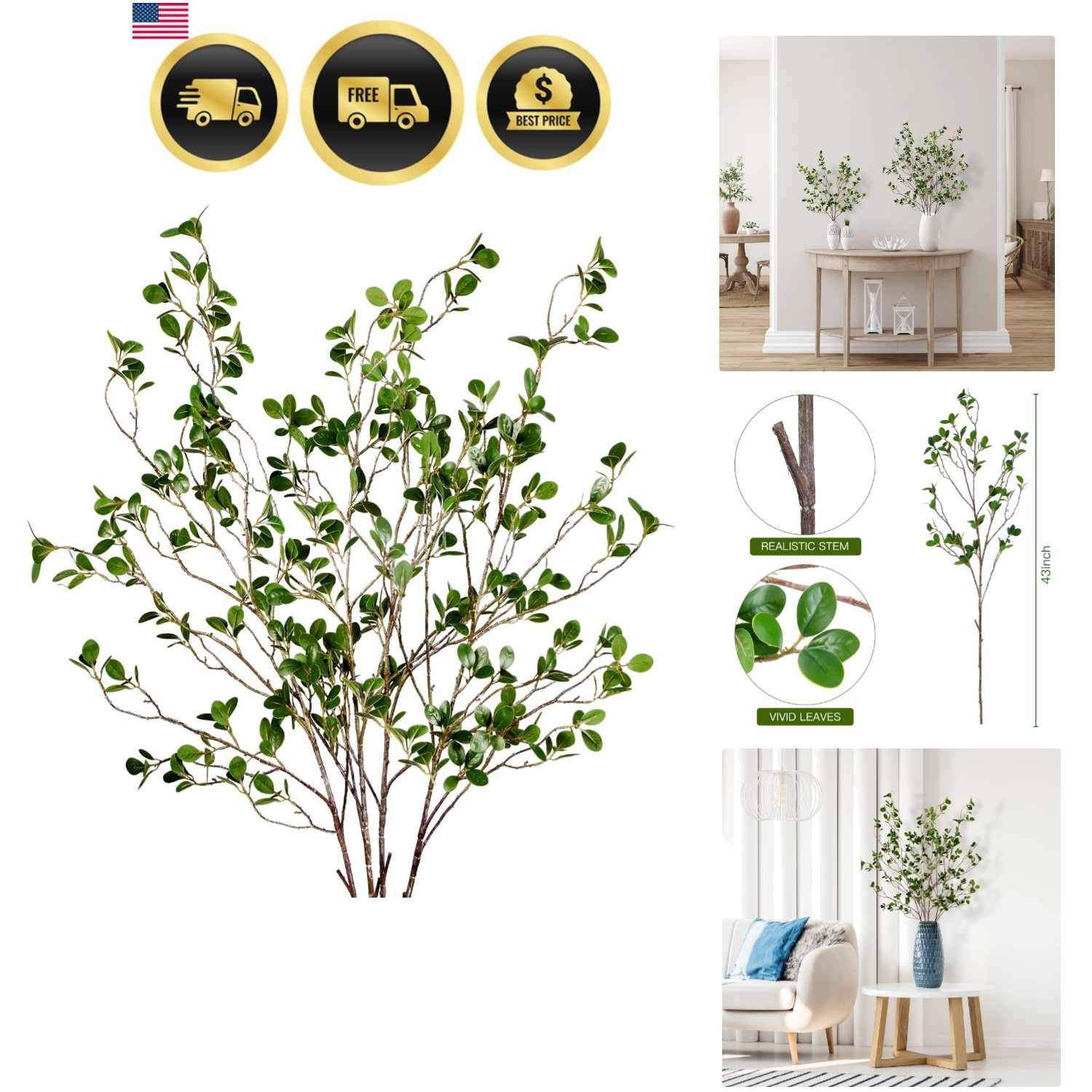 43’’ 4Pcs Artificial Ficus Branches Faux Leaf Spray Green Eucalyptus Branches... gallery