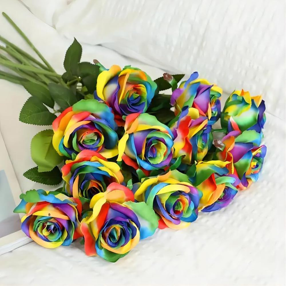 12 PCS Artificial Flowers Rainbow Roses Silk Flowers Fake Long Stem Artificial C gallery