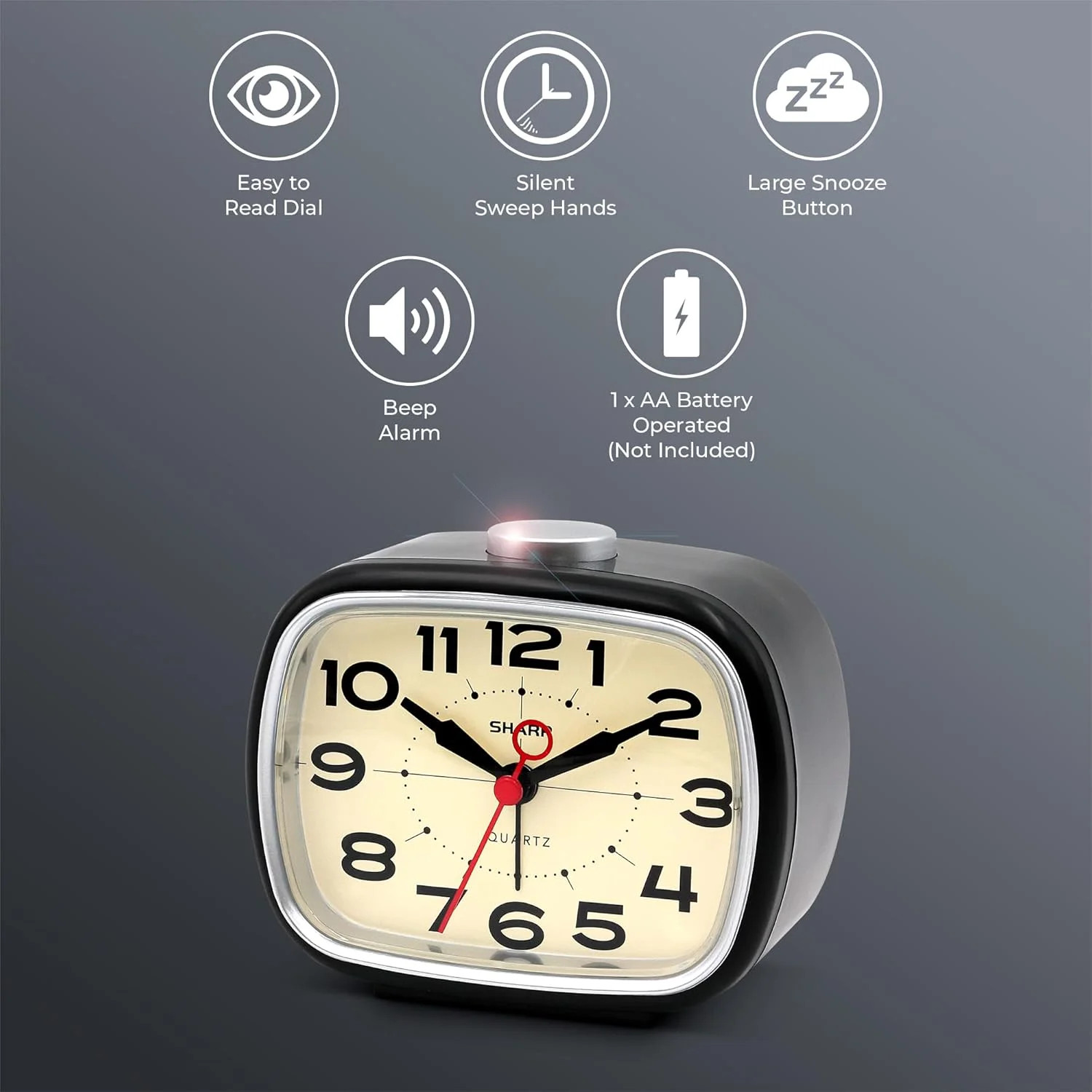 Sharp Alarm Clock, Retro Analog Simple Battery Powered Clock, Black, White gallery