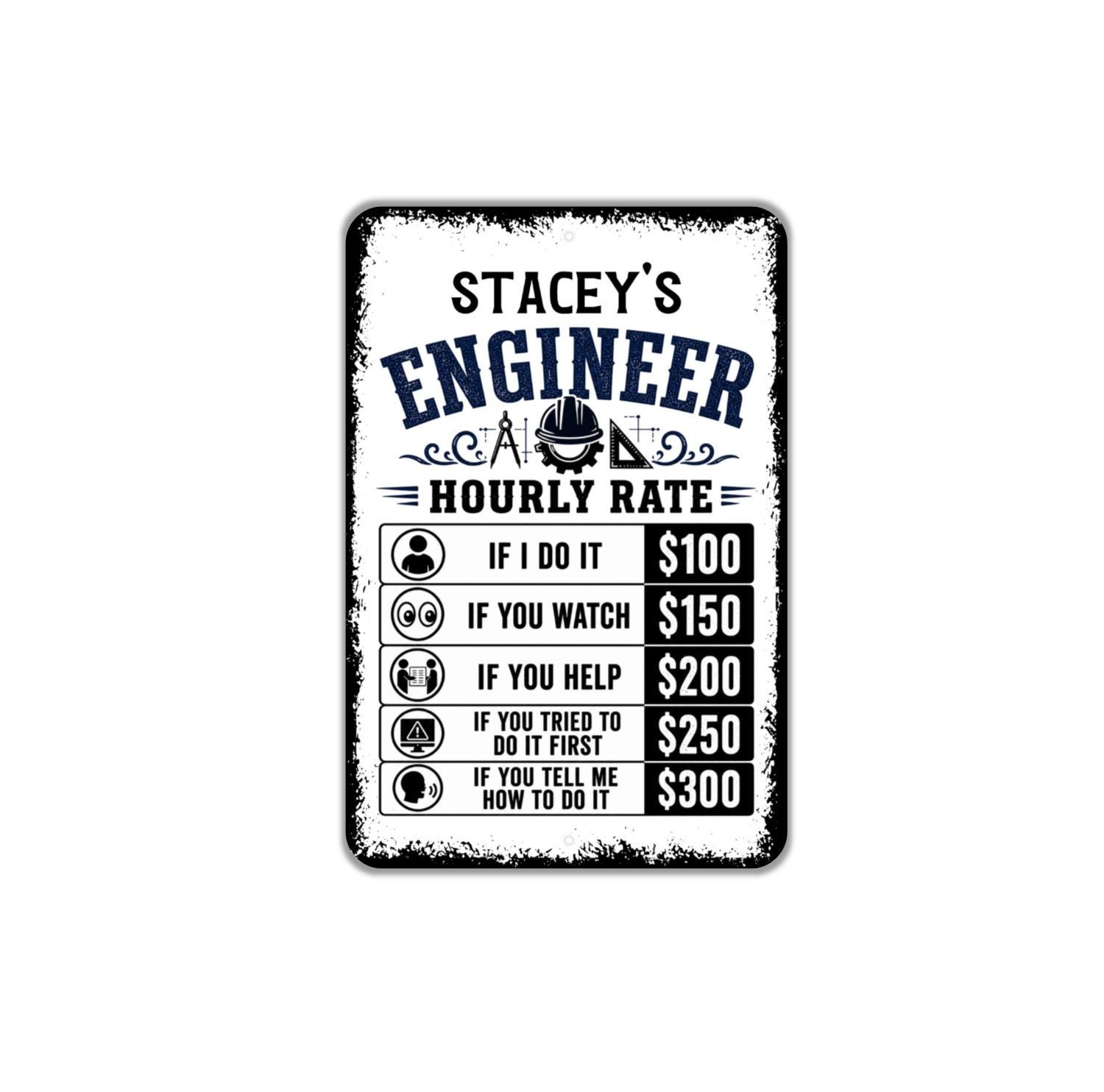 Engineer Hourly Rate Funny Metal Sign Custom Name Engineering Humor Decor gallery
