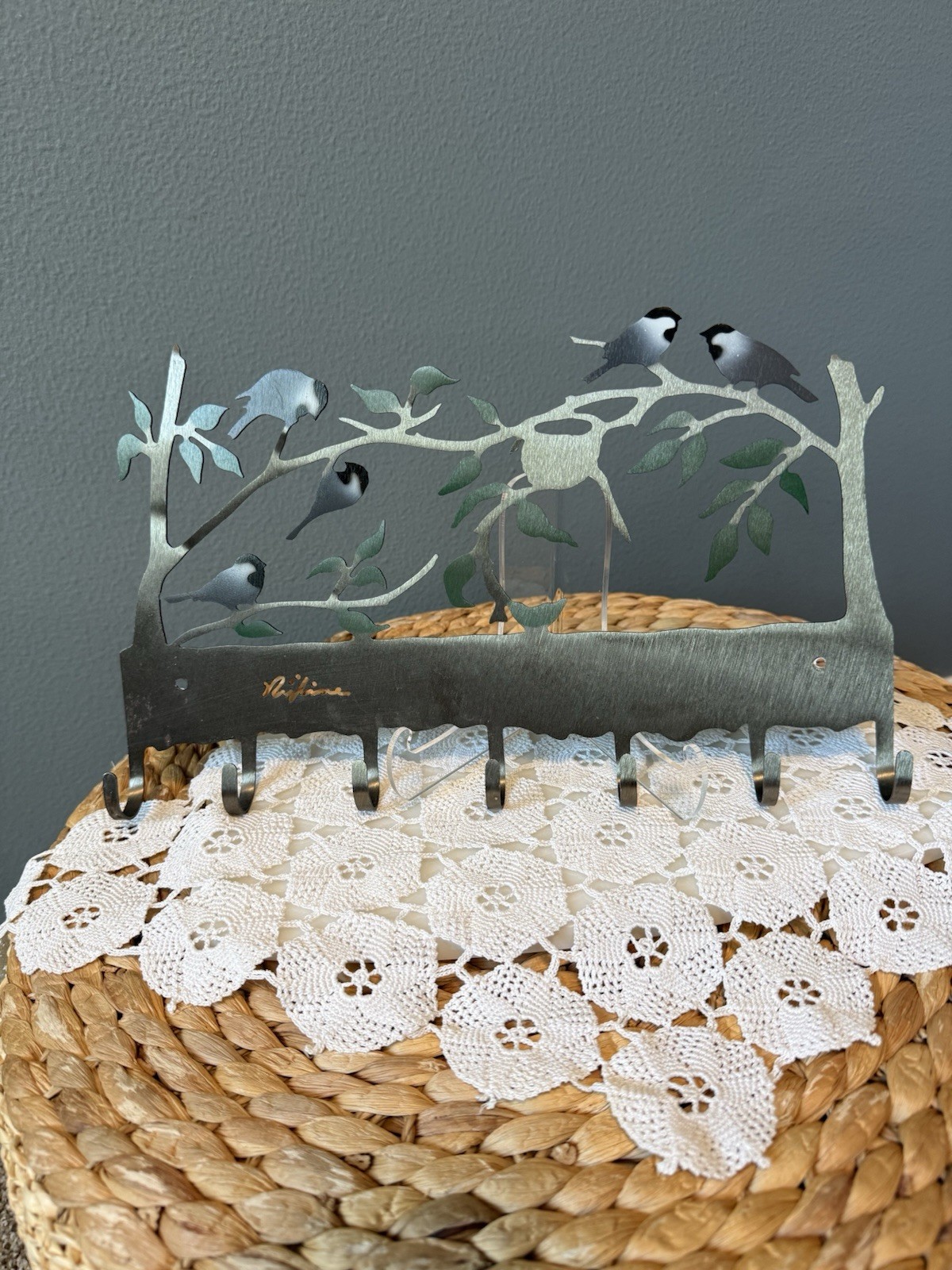 Signed Metal Chickadee Key Holder Wall Rack Bird Tree Coat Hook Folk Art 12” gallery