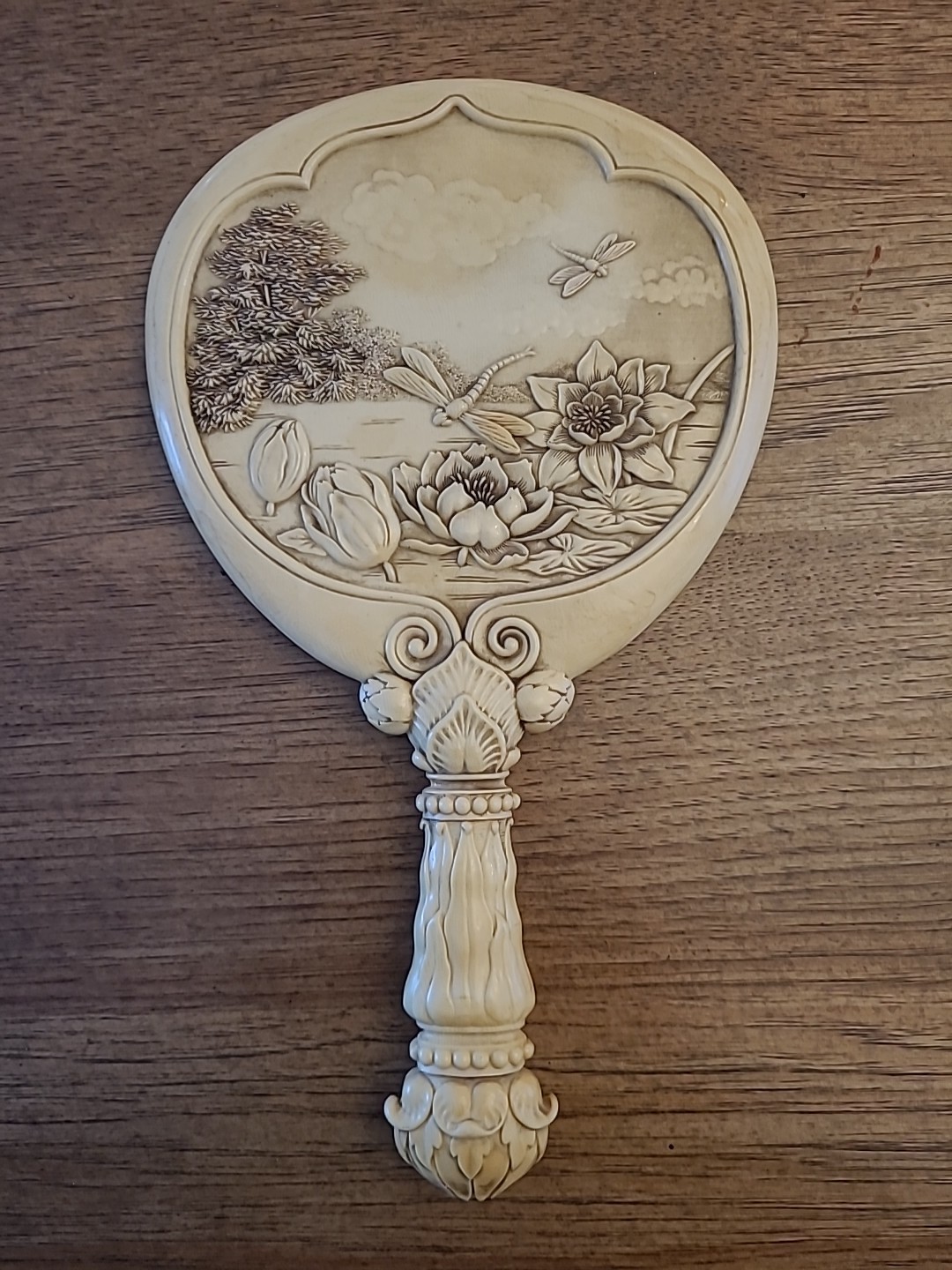 Vtg Celluloid Hand Mirror With Embossed Dragonflies and Waterlilies 10" gallery