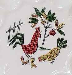 Vintage Deviled Egg Plate Unsigned Rooster Hen Motif Country Decor Scallop Edge