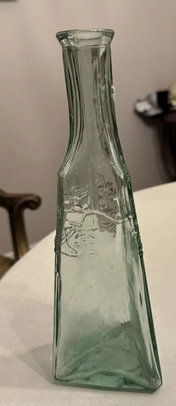 Green Glass Vase Bottle Triangular Base Grapes Recycled Wine Oil Upcycled gallery
