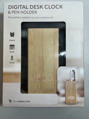 TechRebellion Bamboo Digital Desk Clock & Pen Holder Alarm Date Temp LED New
