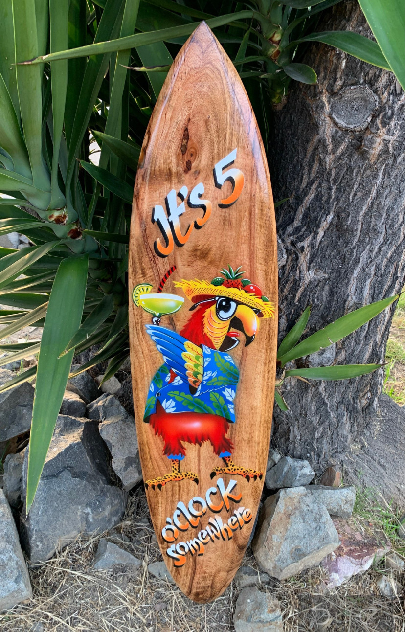 It’s 5 0'clock Somewhere Tropical Drinking Parrot Airbrushed Surfboard gallery