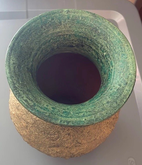 Rustic Textured Ceramic Vase with Green Glaze Rim Hand Made In Thailand gallery