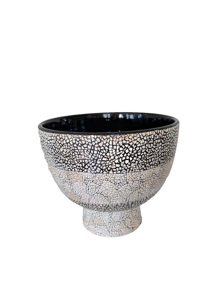 Large Thai Eggshell Lacquer Pedestal Bowl Black & Cream 10.75” Sculptural Decor