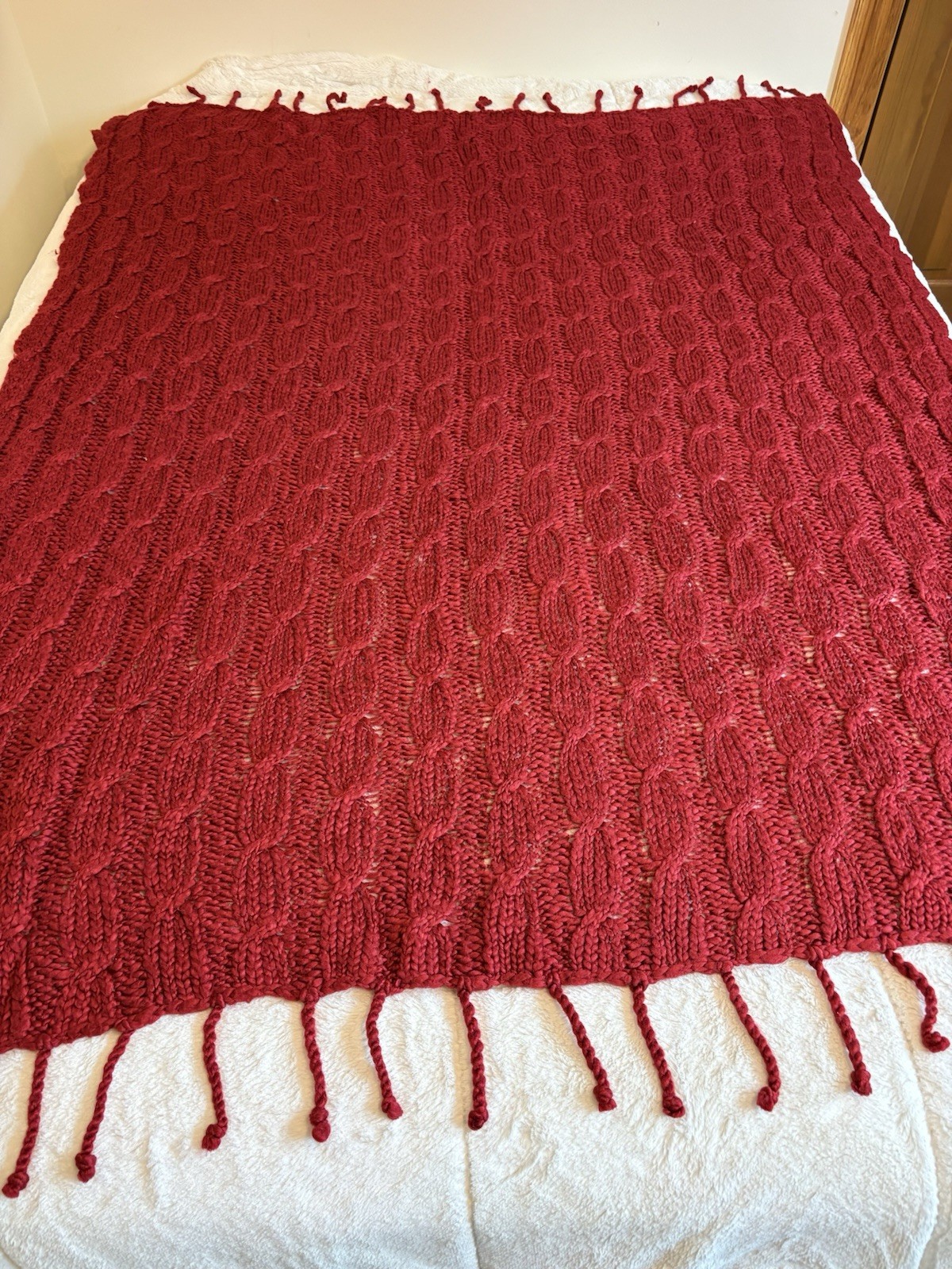 Vintage Red Crocheted Cable Knit Blanket Afghan Throw Yarn Sofa Bed 54” x 62” gallery