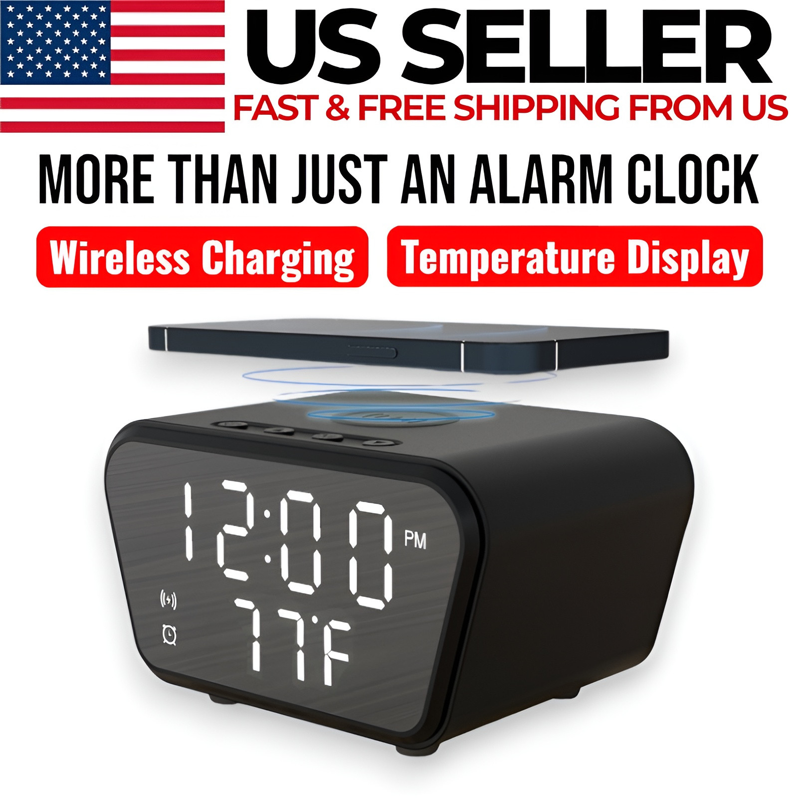 Wireless Charging Alarm Clock with Temperature Display, LED Nightstand Clock gallery