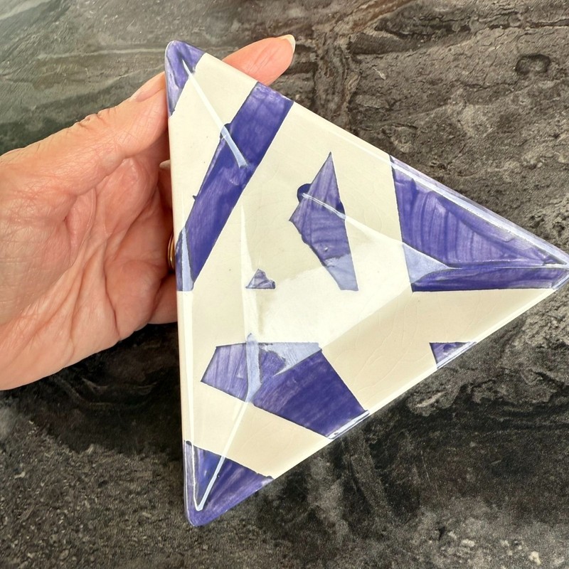 EBK 2014 Hand Painted Triangular Ceramic Dish Purple Abstract Design Signed gallery