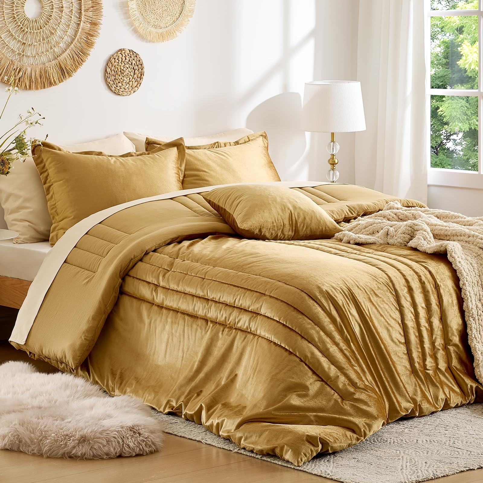 MUSSEL Bedding Comforter Set Queen Size 3 Pieces-Luxury Shiny Gold Striped Li... gallery