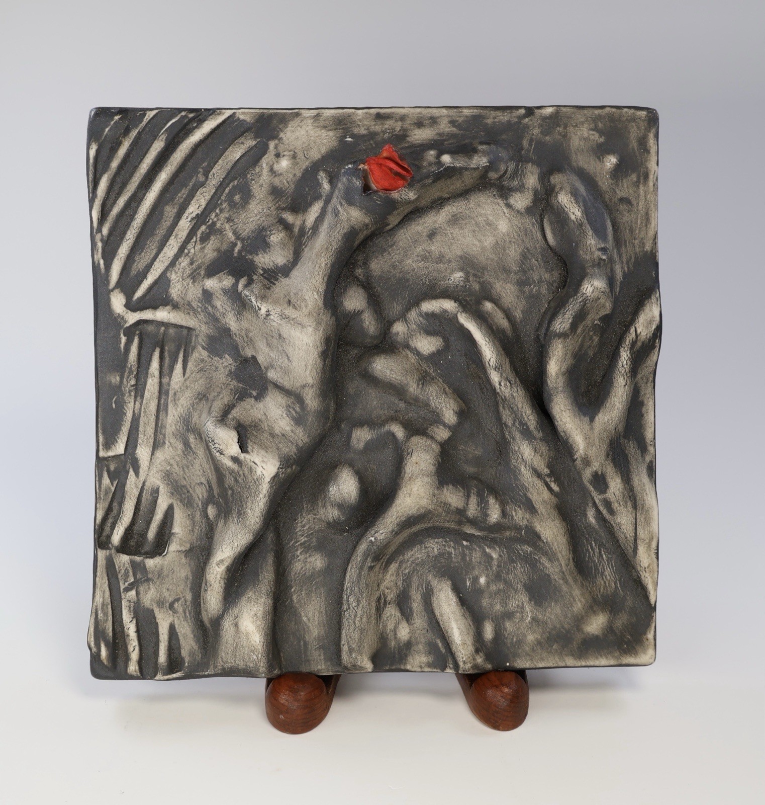 Abstract Biomorphic Art Pottery Tile 3D Sculpture Handmade Gray Red 6 Inches gallery