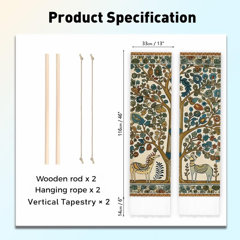 2 Pack Deer and Tree Vertical Tapestry, Folk Art Style Wall Tapestry with Tas... gallery