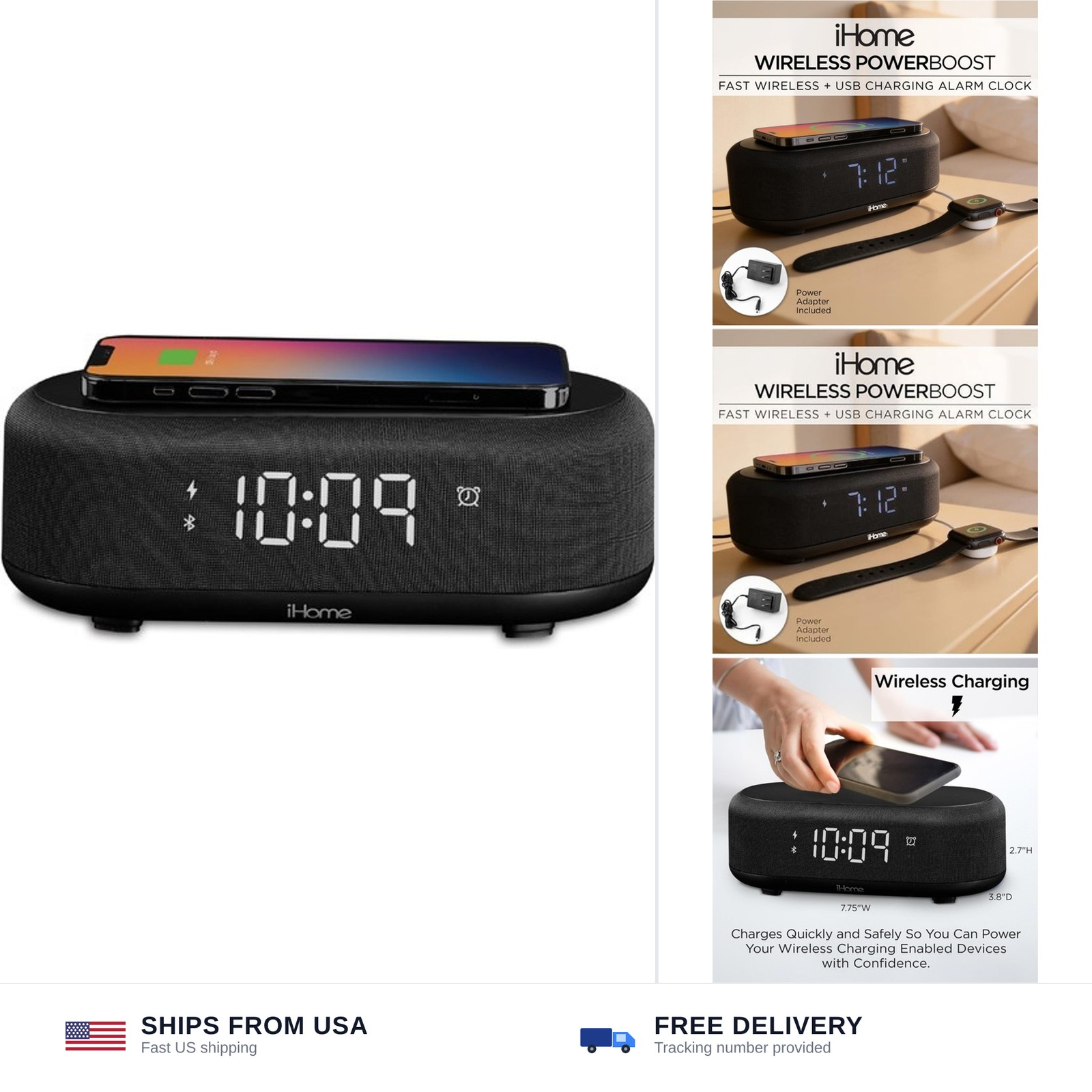 iHome Bluetooth Alarm Clock with Wireless Charger and USB Charging Station, D... gallery