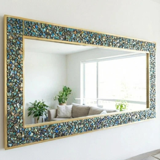 Labradorite Stone Wall Mirror | Handmade Gemstone Frame Luxury Decor gallery