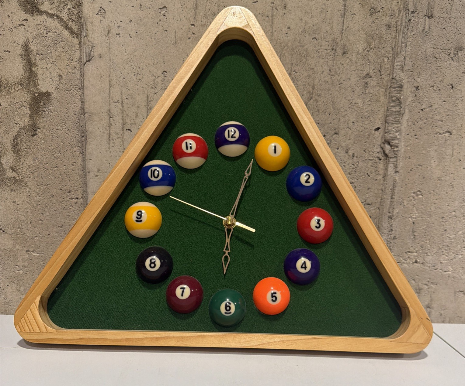 Vintage Triangle Billiards Pool Ball Rack Wall Clock Green Felt Face Wood Frame gallery