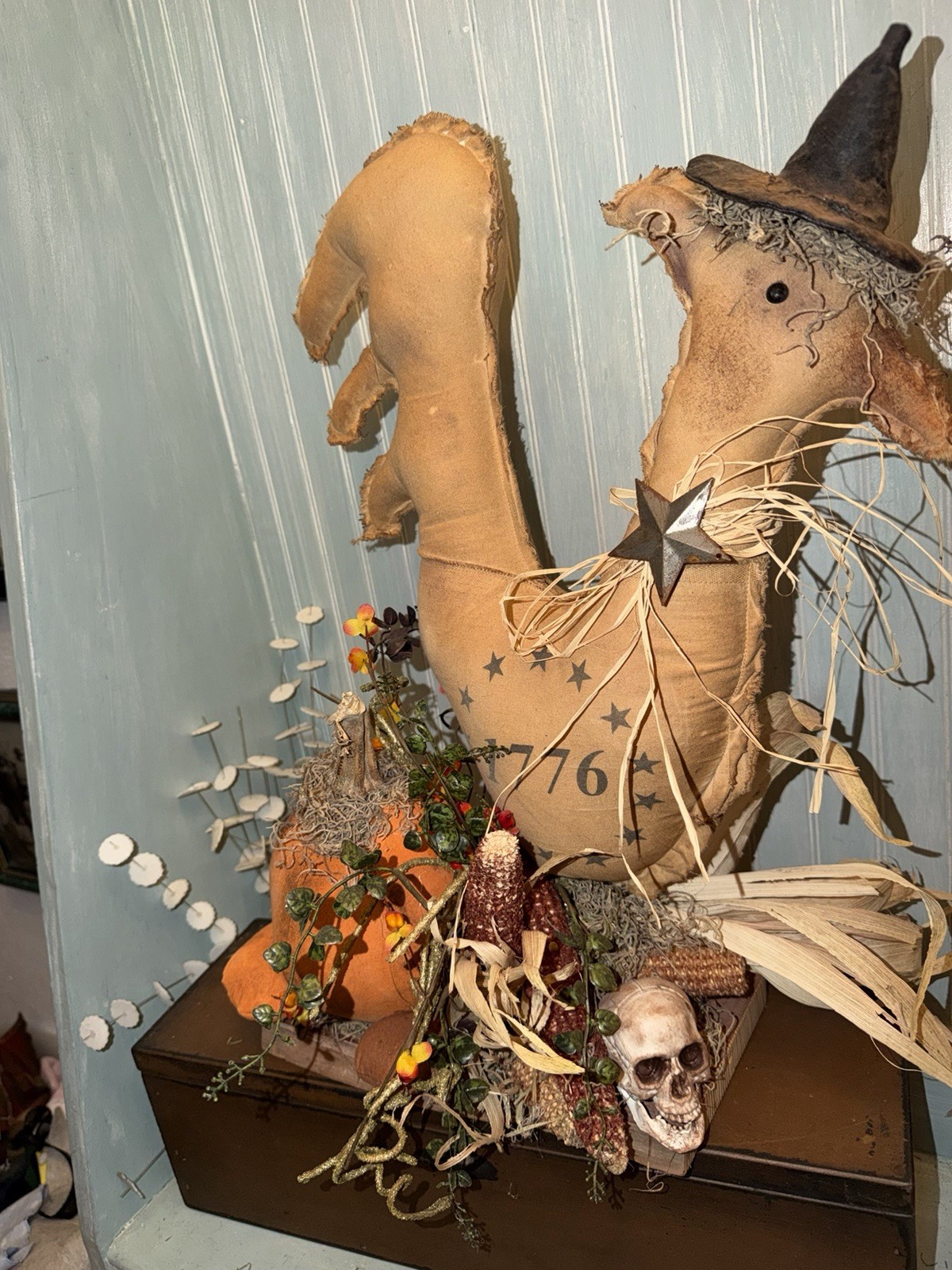 Primitive Folk Art Rooster Chicken Fall Pumpkin Skull Corn Centerpiece gallery