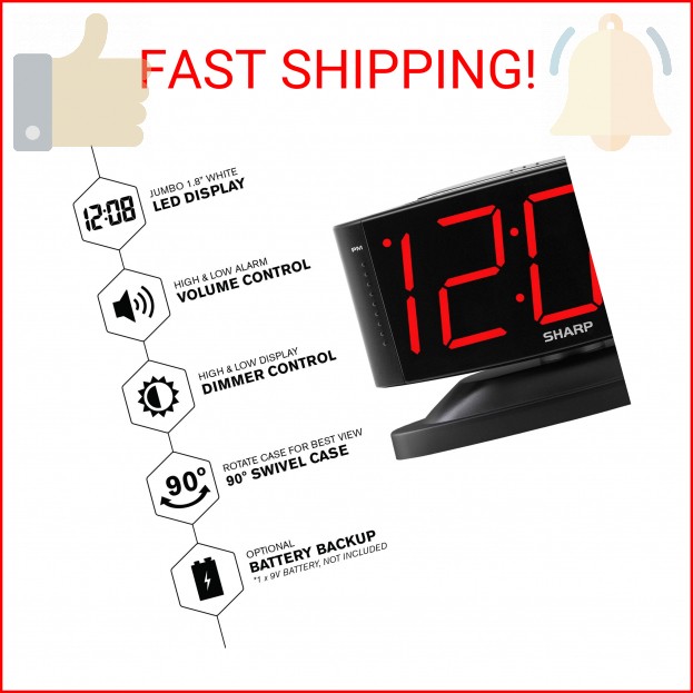 Sharp Home LED Digital Alarm Clock – Swivel Base - Outlet Powered, Simple Operat gallery