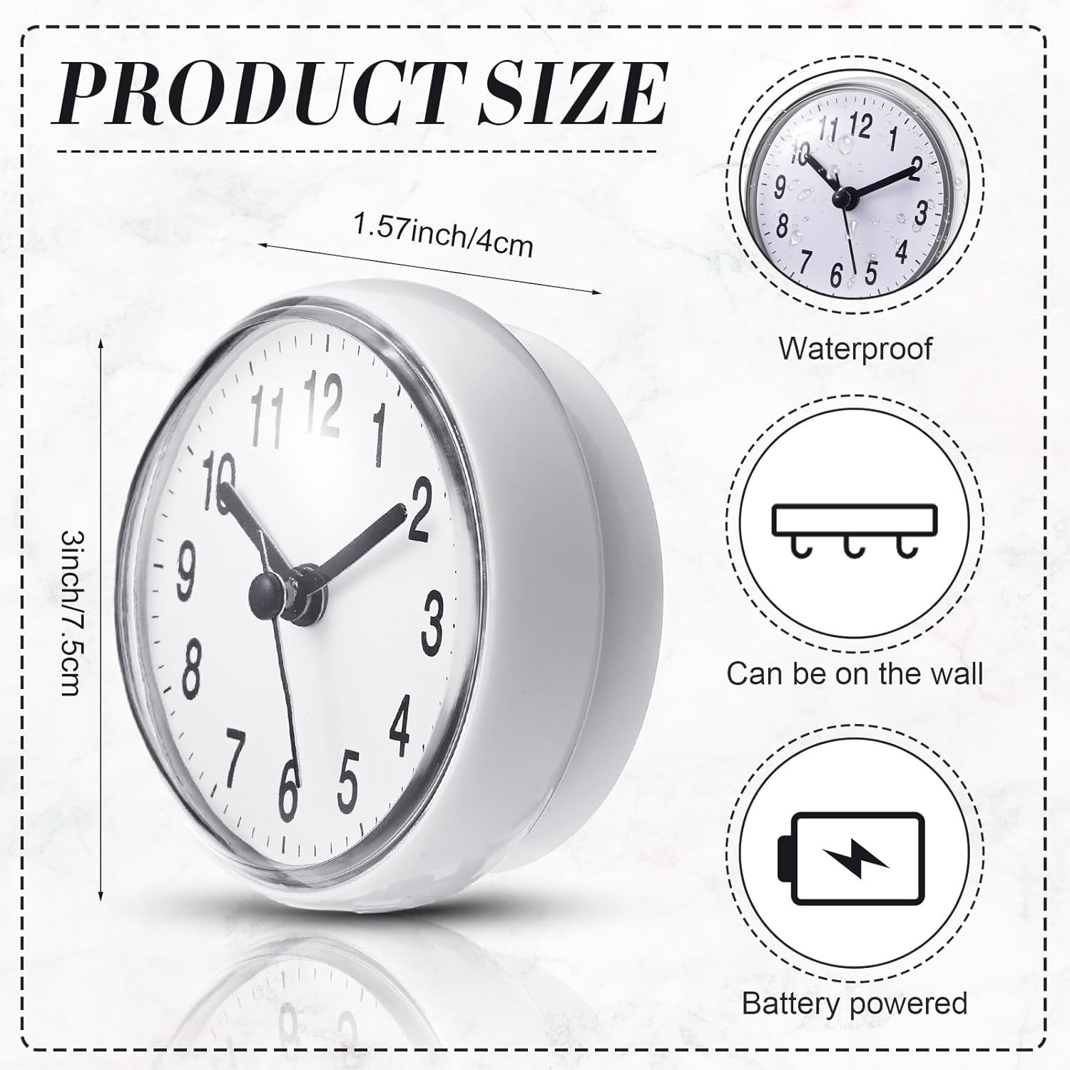 Waterproof Bathroom Clock Small Digital White Shower Wall Clock with Easy gallery