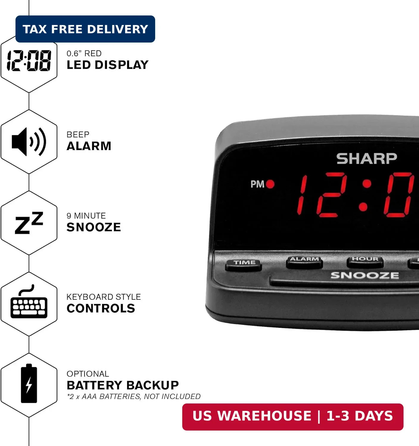 Sharp Digital Alarm Clock with Keyboard Style Controls, Battery Back-up, Easy to gallery