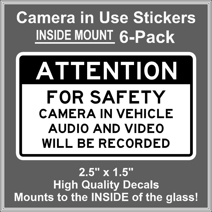 Camera in Car Recording Video 6-Pack INSIDE MOUNT Decals Black White 2.5" x 1.5" gallery