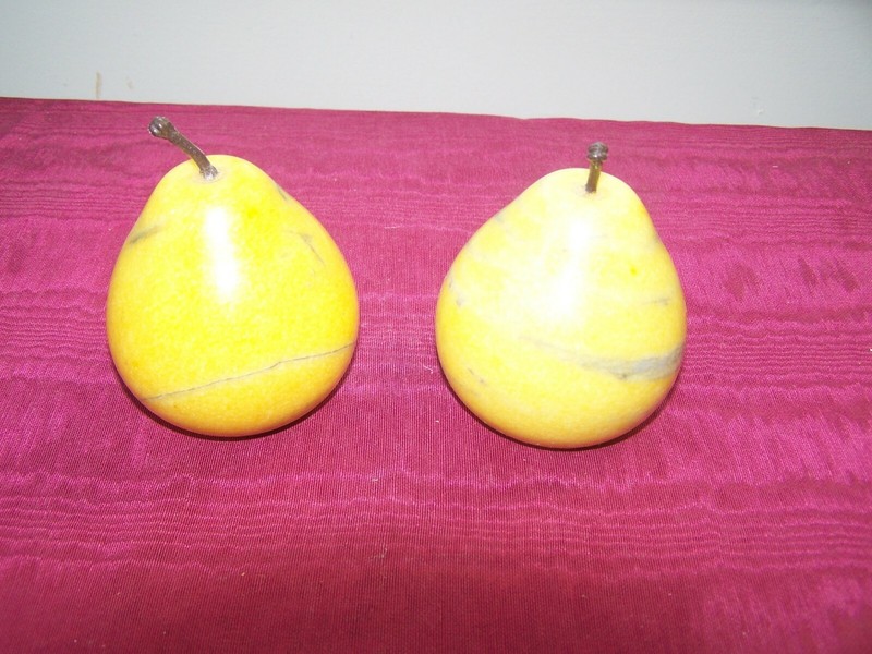 2 alabaster(?) marble stone pears, heavy, 1.4 pounds each, 3" tall, EUC gallery