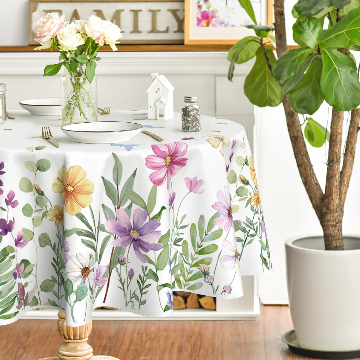 Spring Tablecloth 70×70 Inch Round, Wildflowers Floral Butterfly Washable Table gallery