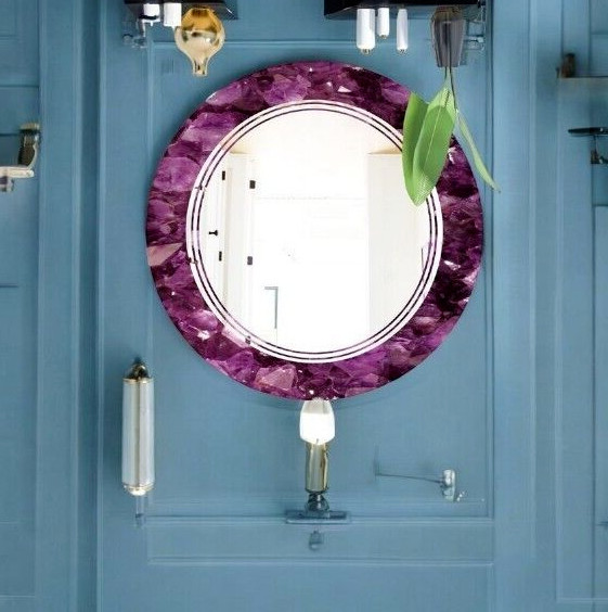 Handcrafted Amethyst Gemstone Mosaic Round Wall Mirror 18” Decor Handmade India gallery