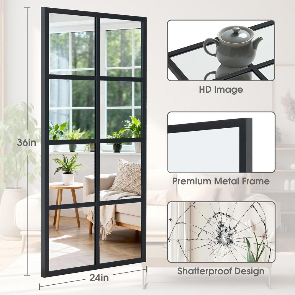 Window Pane Mirror Rectangle Decorative Wall Mirror Metal Framed Grid Mirrors