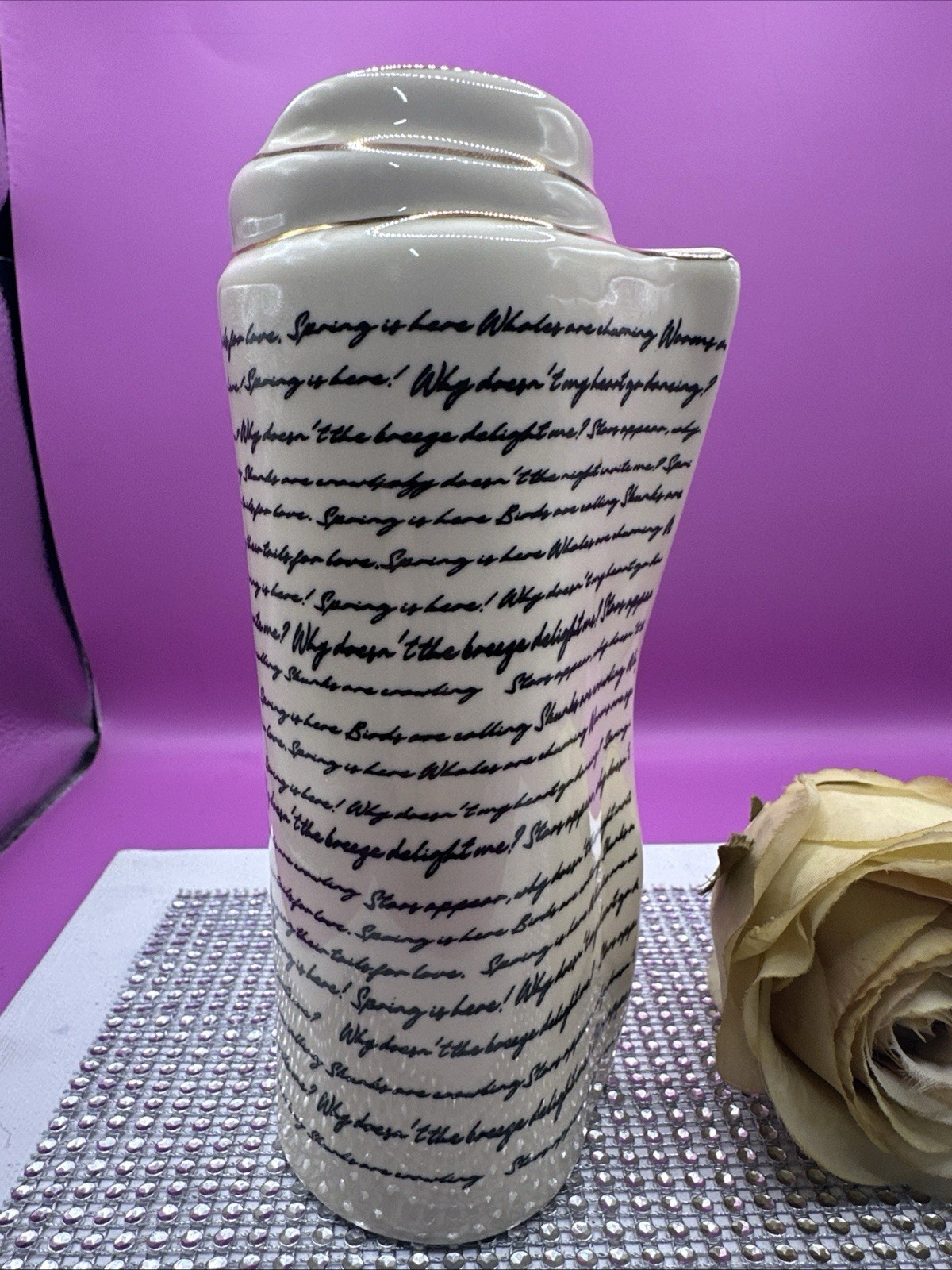 Ceramic Vase Script Scroll Design Gold Accent on Rim Beautiful! gallery