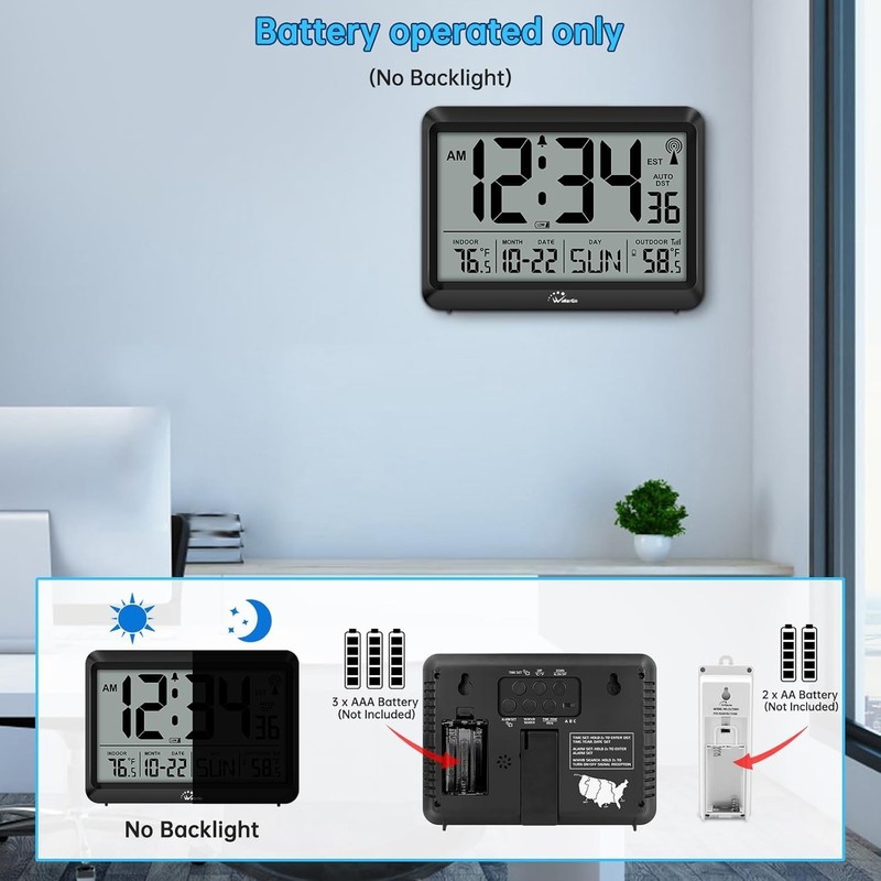 Digital Wall Clock with Self-Setting Time & Indoor/Outdoor Temperature, Auto DST gallery