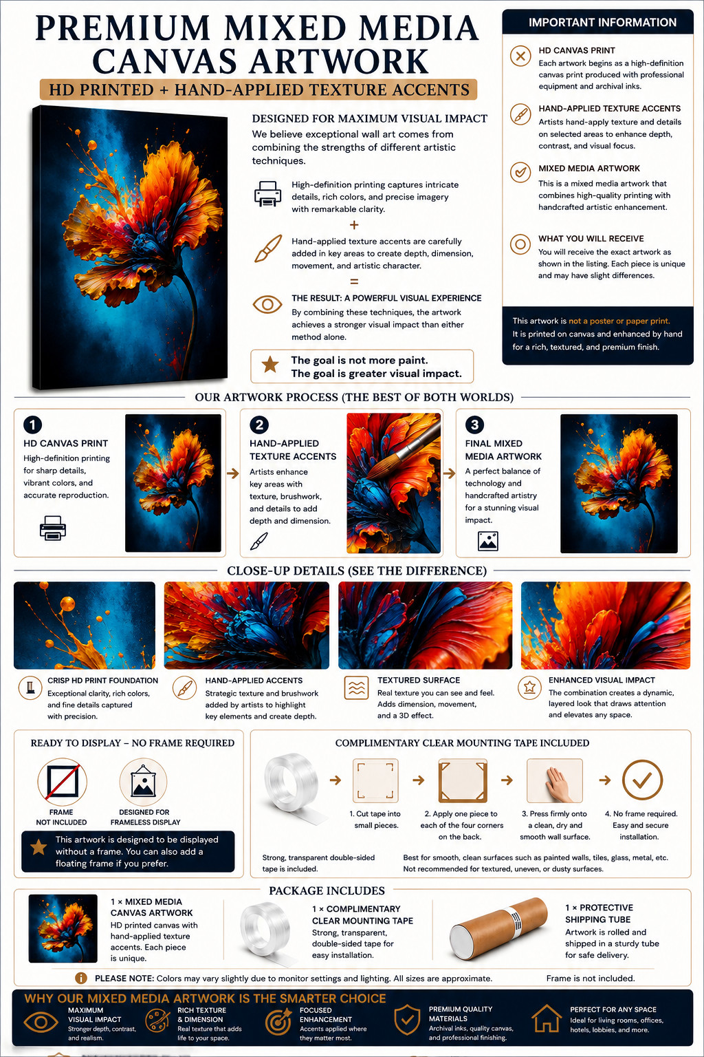 Abstract Floral Explosion Canvas Wall Art, Vibrant Blue Orange Flower Painting, gallery