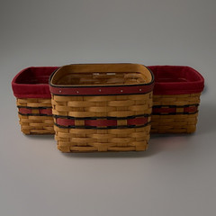 Set of 3 Small Rectangular Woven Wood Baskets w/ Red Fabric Liners Nesting