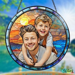 Personalized Photo Suncatcher for Dad, Custom Stained Glass Family Portrait