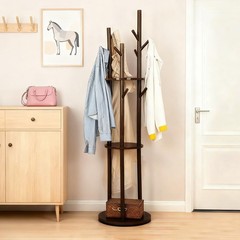 Freestanding Coat Rack, Solid Pine Wood Rotary Coat Tree with 3 Shelves and 9…