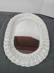 Vintage Small White Wicker Oval Mirror Shabby Chic Cottage Decor 16 X 12 X 1.5″